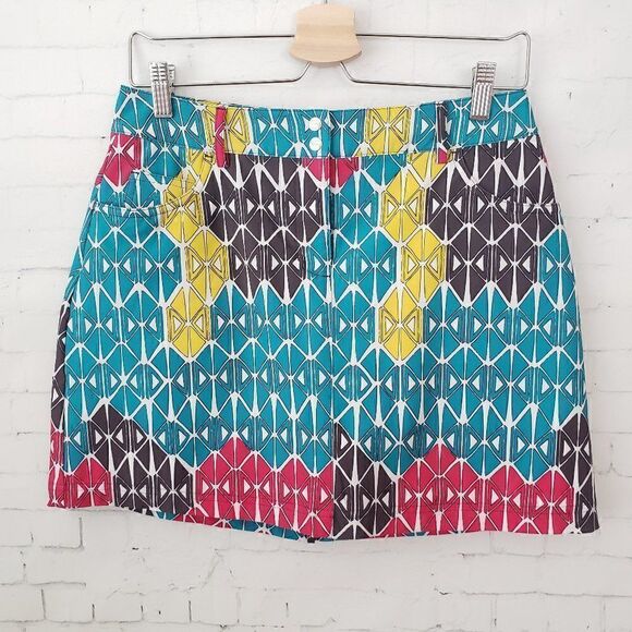 Slazenger Golf Skort Size 2 Geometric Teal Blue Yellow Pink Built In Short Skirt - Picture 1 of 7